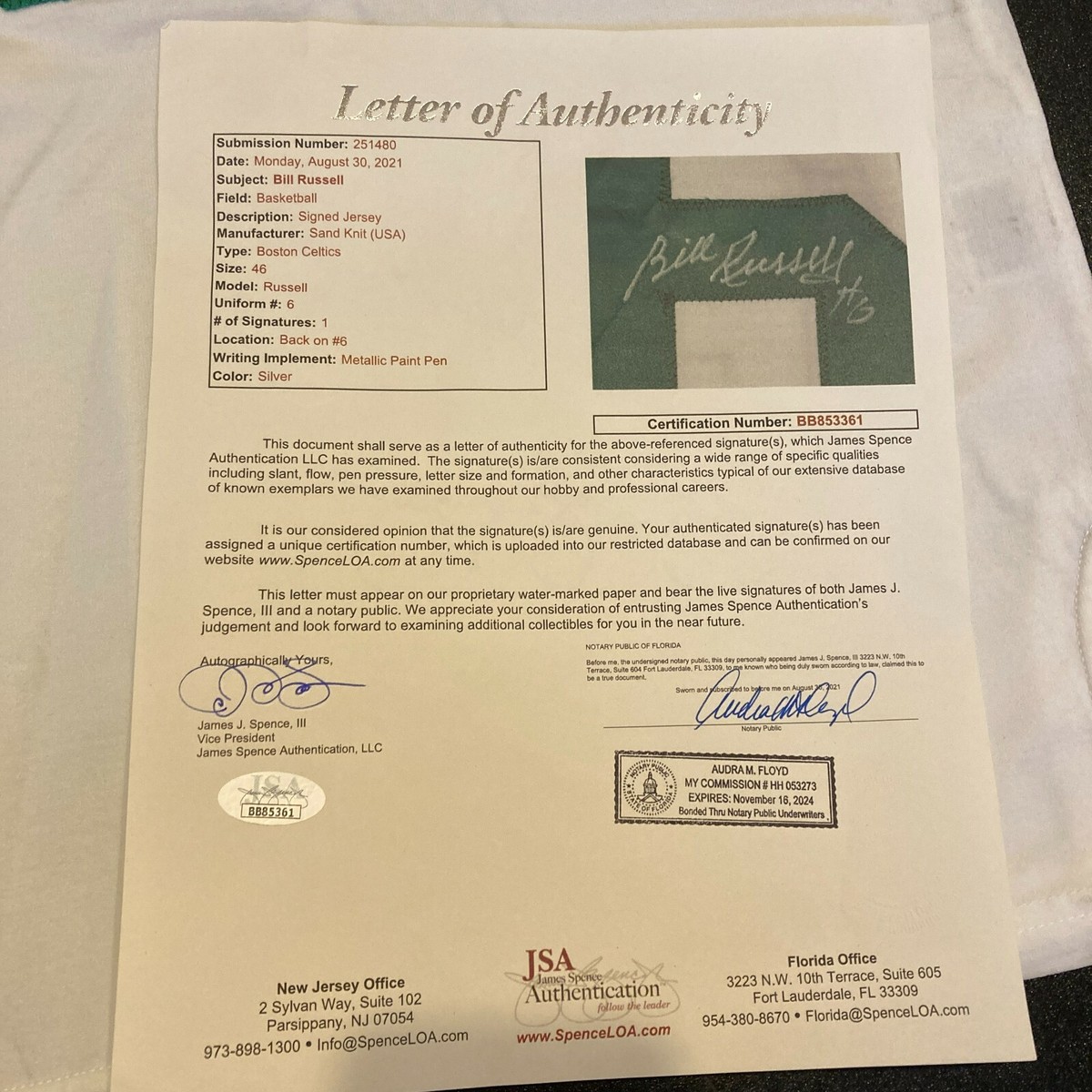 Bill Russell Signed Authentic Boston Celtics Game Used Jersey With JSA COA