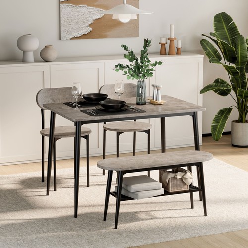 Dining Room Set, Grey Conrete Effect Dining Table, Chairs & Bench Set, Vonhaus - Picture 3 of 11