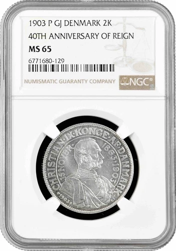 Denmark 2 kroner 1903, NGC MS65, "40th Anniversary of Reign" silver coin