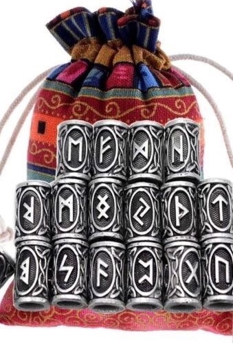 Viking Norse Beard Hair Beads Rings Set of 24 Futhark Runes Stainless Steel - Picture 7 of 10