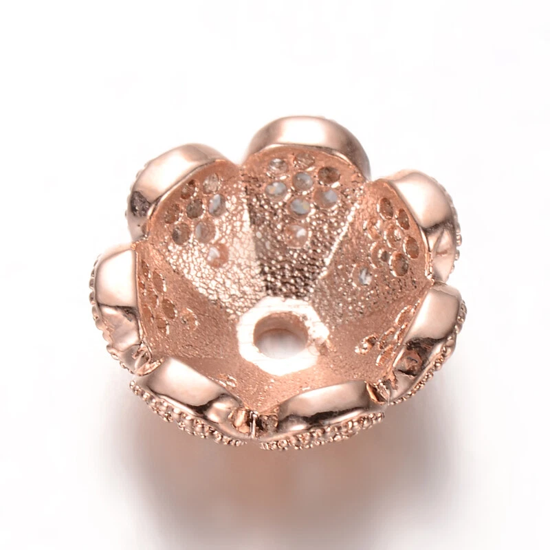 10x Rose Gold Multi-Petal Flower Brass Cubic Zirconia Bead Cap 11x4.8mm 1mm Hole - Image 2 of 2