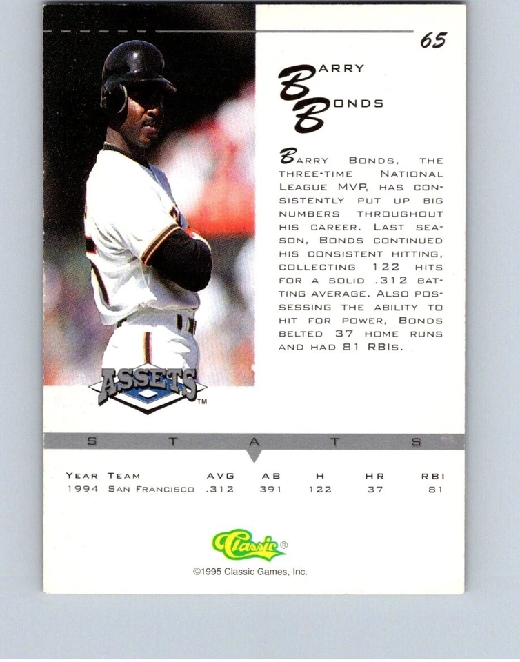 BASEBALL CARD 1995 CLASSIC ASSETS CARD#65 SAN FRANCISCO GIANTS BARRY BONDS #472 - Image 2 of 2