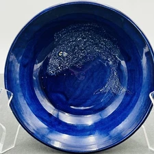 Fish Art Pottery Bowl Cobalt Blue w White Pointillism Carp Image Signed O’Neil