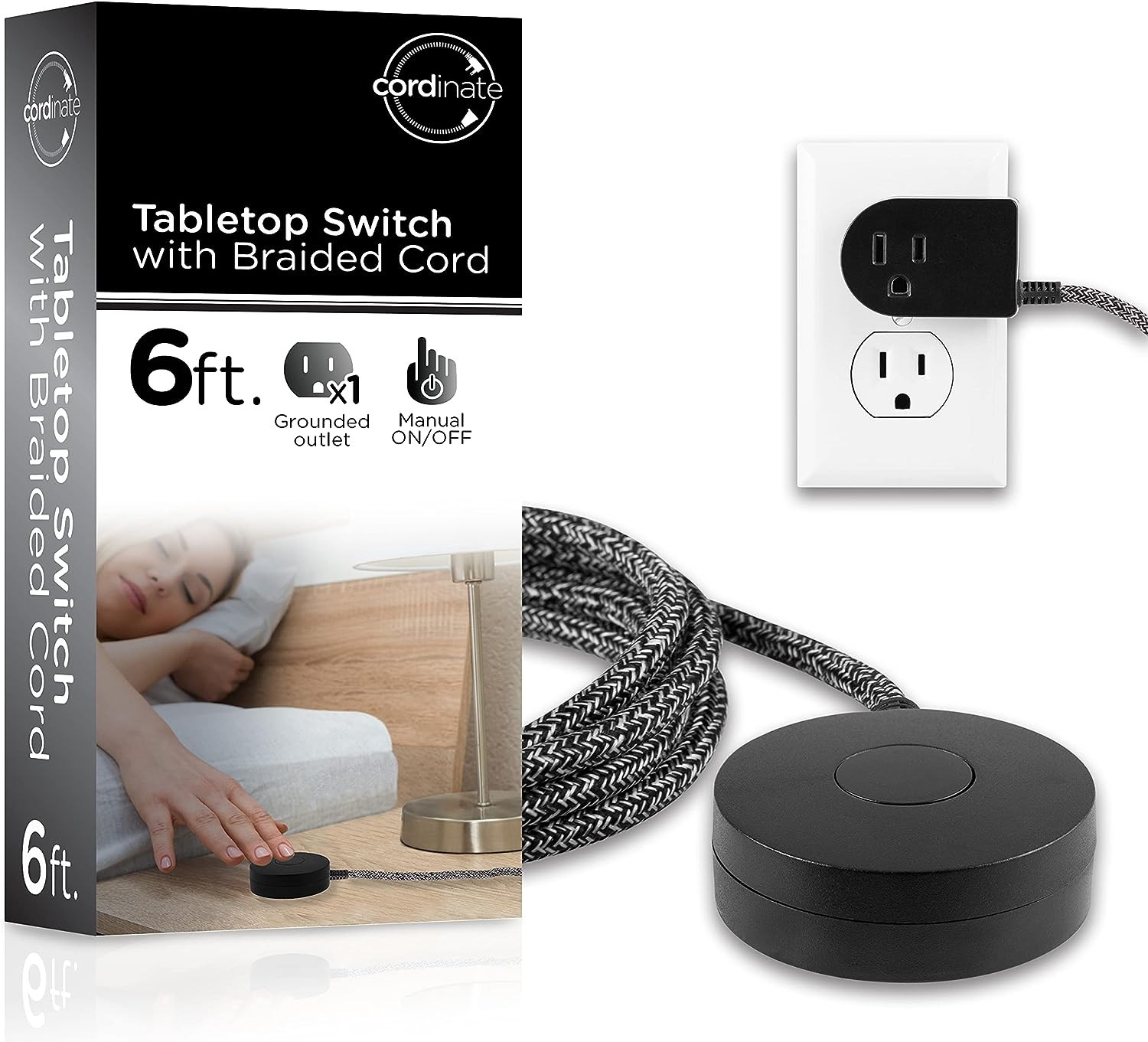 Extension Cord with Switch On/Off Plug, 6 Ft Braided Power Cord Outlet