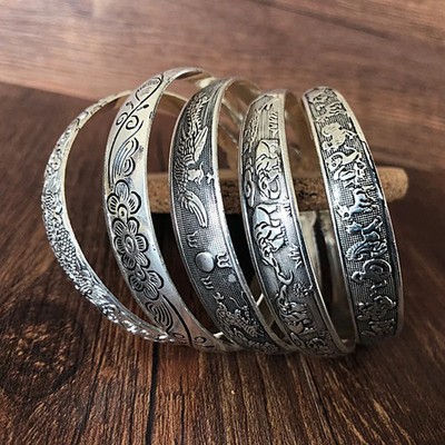 Silver Tone Metal Carved Cuff Bangle Women Fish Flower Round Layered Jewelry