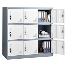 Uimoso 9 Doors Metal Locker 3 Tiers Lockable Steel Storage Cabinet 66 lbs Gray