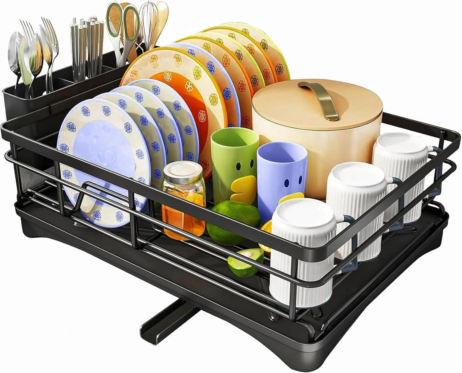 Stainless Steel Kitchen Dish Drying Rack w/ Utensil Holder & Drain Board Durable