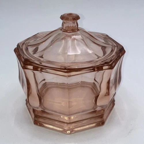 Gorgeous Pink Depression Glass Octagonal Sugar/Candy Bowl With Lid 5 1/4”
