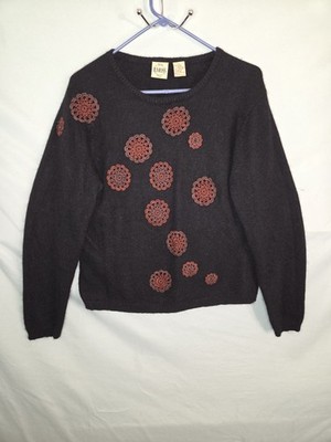 B. Moss Tailor Sweater Sz L Black Angora Wool Blend w/ Rust Red Crochet Flowers 