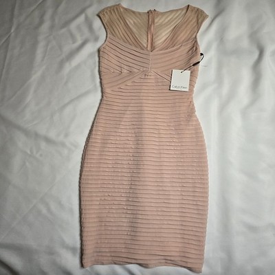 blush fitted dress CD 0188 Size 12 Short Shimmer Blush Fit & Flare Cocktail Dress Sheer Beaded V Neck Formal