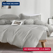 JELLYMONI 100 Natural Cotton 3pcs Striped Duvet Cover Sets,White Duvet Cover wi
