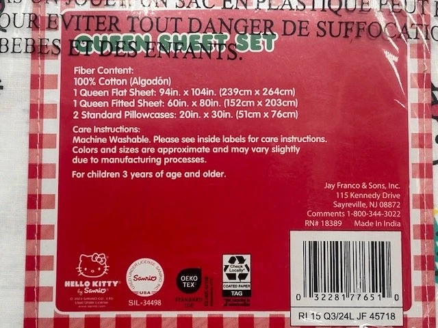 Hello Kitty Arcos de Navidad y Sombreros de Papá Noel Juego de Sábanas Queen de Algodón de 4 Piezas NUEVO Foto 4 de 4