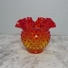 Vintage Fenton Red Amberina Ruffled Crimped Edge Hobnail  Bud Vase Home Deco