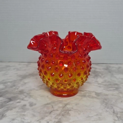 Vintage Fenton Red Amberina Ruffled Crimped Edge Hobnail  Bud Vase Home Deco