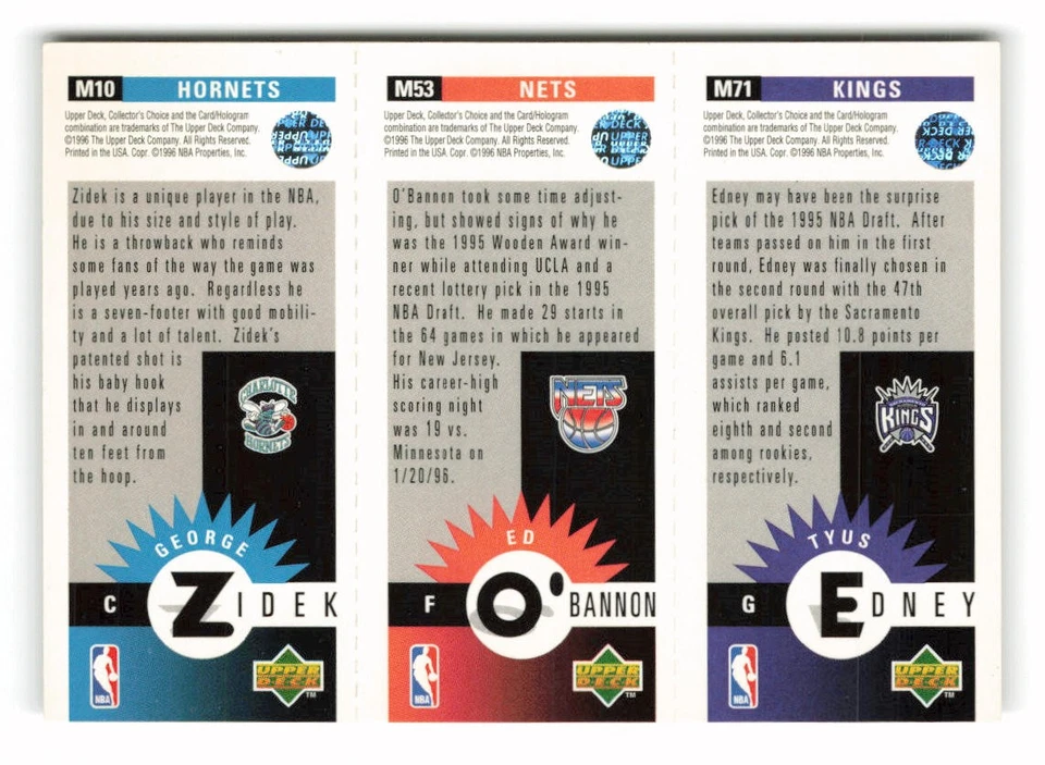 1996-97 Collector's Choice Edney / O'Bannon / Zidek #M71 / M53 / M10 - Image 2 of 2