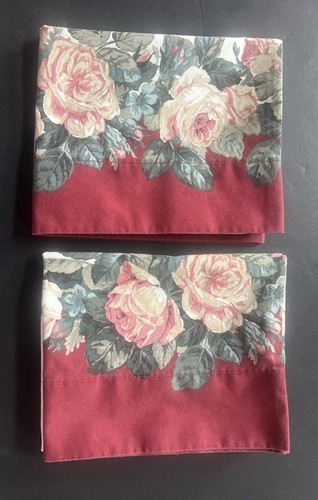 VTG Dan River No Iron Floral Standard Pillowcase Set (2) Cabbage Roses Maroon