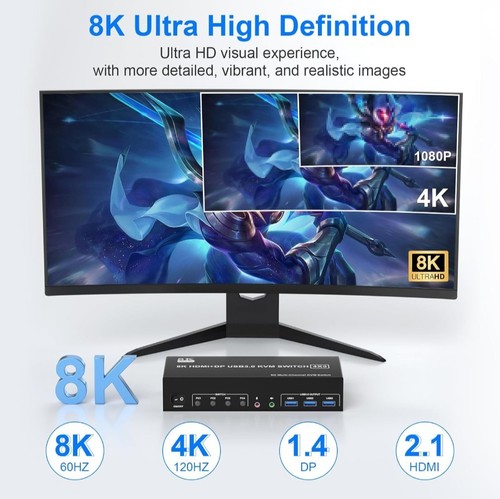 NEW KVM Switch 3 Monitors 4 Comps 8K@60Hz/4K@144Hz HDMI Display port 3 USB 3.0 - Afbeelding 4 van 8