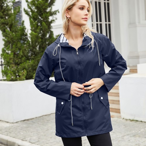 Women's Hooded Rain Coat Long Sleeve Full Zip Anorak Split Hoodie Trench Coat - Picture 21 of 50