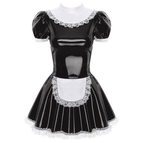 Women Dress Metallic Uniform Satin Maid Costume Anniversary Outfit Wetlook - Picture 9 of 62