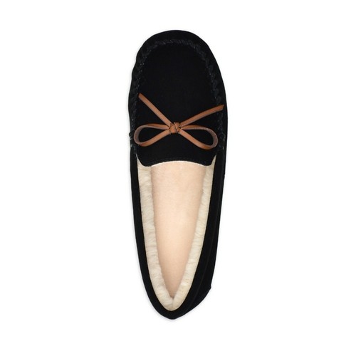 WOMENS JOYSPUN PLUSH LINED SUEDE MOCCASIN FAUX FUR SLIPPERS BLACK SZ 10 - Picture 2 of 6