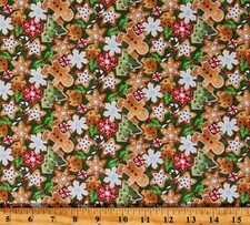 Cotton Christmas Cookies Gingerbread Green Fabric Print by the Yard D502.84