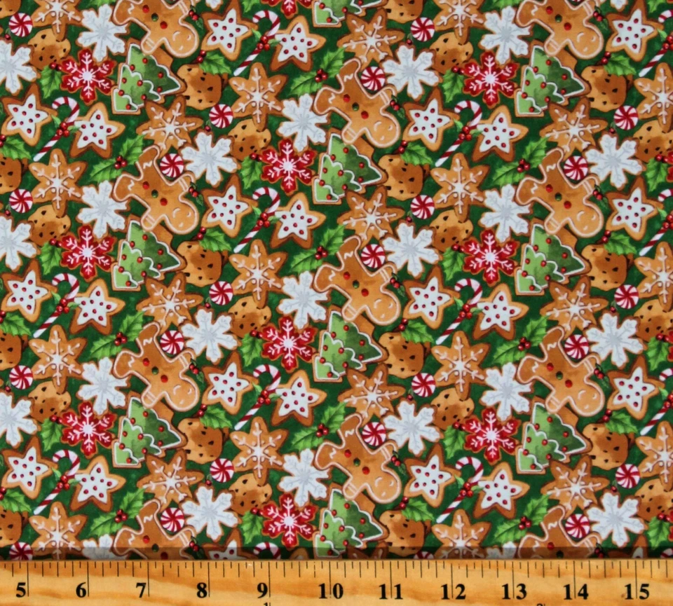 NORTHCOTT Cotton Christmas Cookies Gingerbread Green Fabric Print by the Yard D502.84