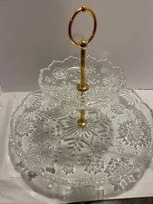 Vtg Mikasa Crystal Snowflakes 2 Tiers Handled 12" Tidbit Serving Dish Christmas