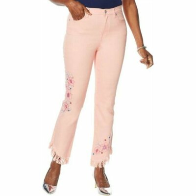 10 DG2 Diane Gilman Embellished Fringe Hem Cropped Denim Jean BLUSH Pink 687-739