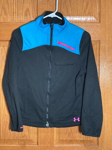 UNDER ARMOUR Girl's YL 14-16 Black Teal Pink Fleece Full Zip Jacket Cold Gear