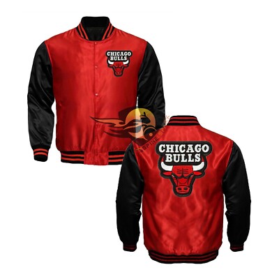 Red Chicago Bulls Satin Varsity NBA Club Jacket With Black - Main Image