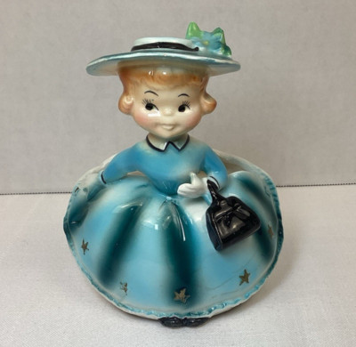 Lady In Hat Figurine Ceramic Planter Blue Dress, Retro California Creations, 5''