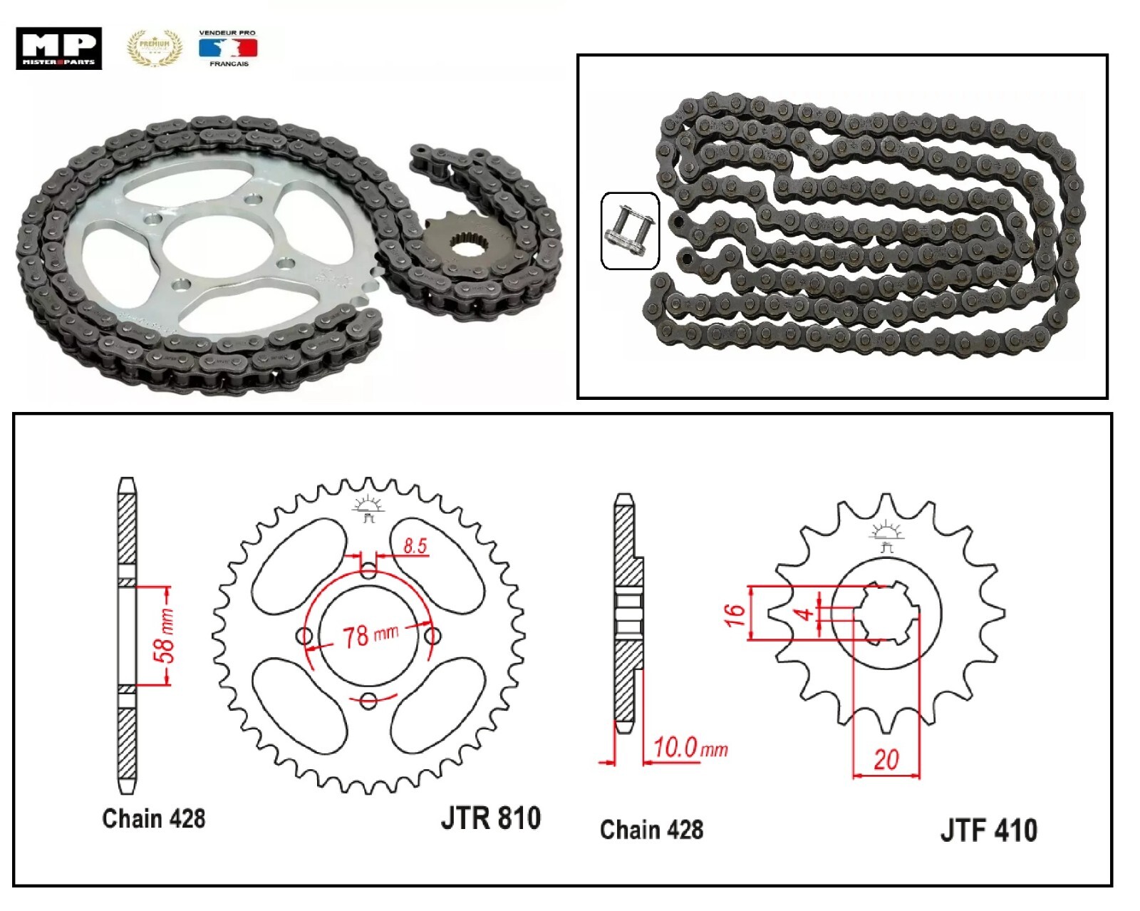 Kit chaine Hyosung V2 125 pas 428 couronne 48 dents pour Chopper 1999-2003