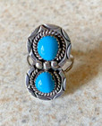 VINTAGE SILVER NAVAJO DOUBLE TURQUOISE SIGNED REB SZ 7 1/2 RING — photo 1