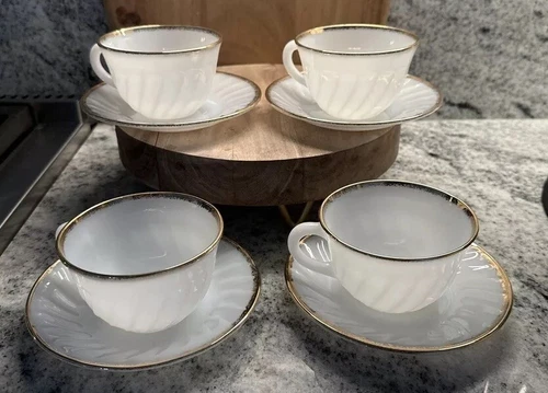 Vintage Fire King Anchor Hoking 1950's Milk Glass Tea Cups and Saucers Set Of 4 