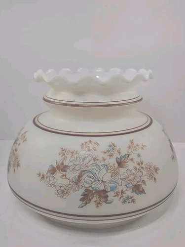 Vintage Quoizel Hurricane Lamp Shade Milk Glass Brown Flowers Ruffled Top