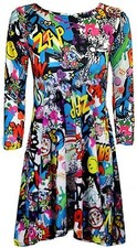  NEW LADIES SWING FLARED COMIC ZAP PRINT SKATER TOP PARTY CASUAL SUMMER DRESSES