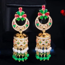 Ethnic Yellow Gold Plated Cubic Zirconia Long Flower Dangly Drop Tassel Earrings