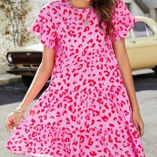 SHEIN Curve Leopard Print Red Pink Dress Ruffle Tiered Short Sleeve FLAW