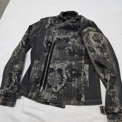 Size MEDIUM Vintage PARASUCO Jeans Moto Jacket Grey Patchwork Denim Embroidered