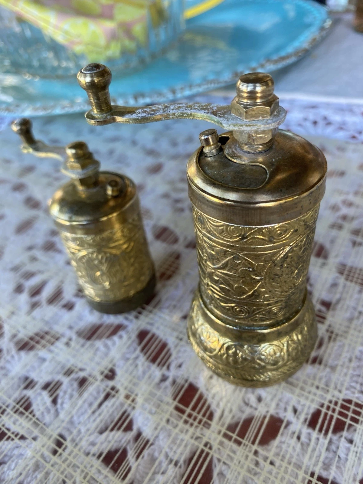 Vintage Turkish Hand Crank Spice Grinder Mill Set of 2 Pepper Grinder