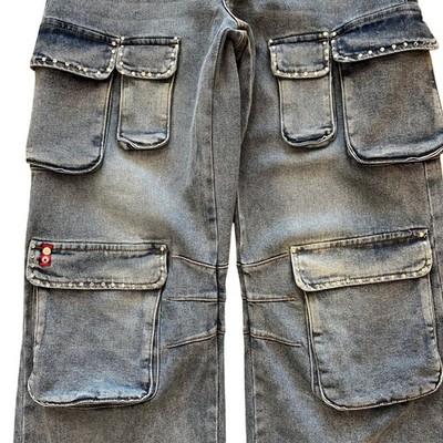 Southpole Womens Wide Leg Cargo Jeans Light Wash Rhinestone