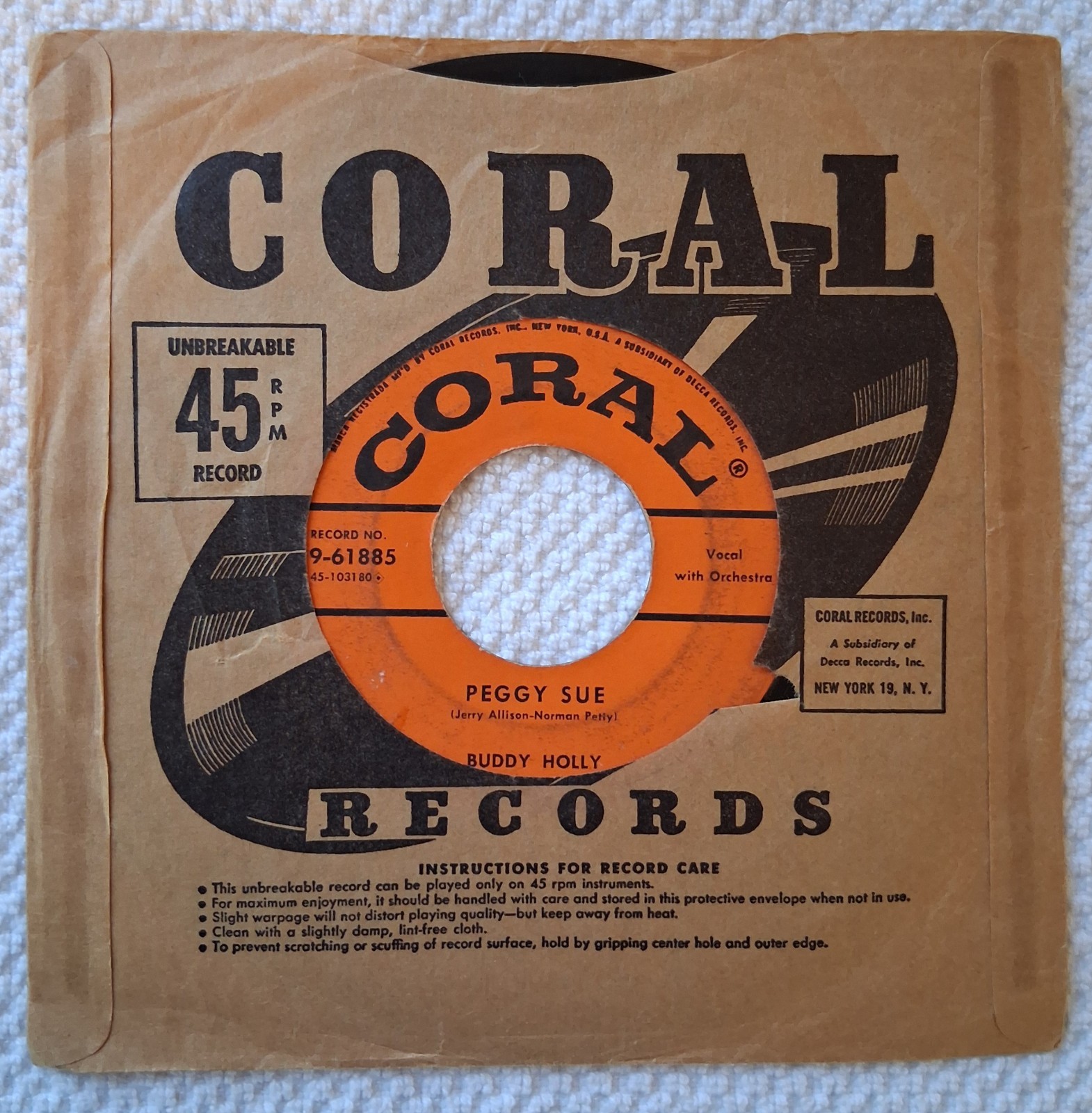Buddy Holly, Peggy Sue/Everyday, 45rpm, 1957, Coral Records 9-61885