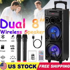 Dual 8" Portable Wooden Bluetooth Speaker Heavy Bass Sound System FM w/2 Mics