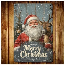 Vintage Christmas Metal Sign - Santa Claus & Reindeer With "Merry Christmas" S