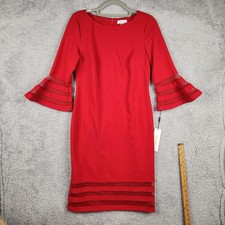 Calvin Klein Dress Womens 10 Red Sheath Bell Sleeve Layered Hem Stretch Knit