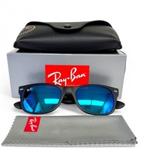 Ray-Ban New Wayfarer Sunglasses RB2132 622/17 Black Rubber Blue Flash 52mm Case