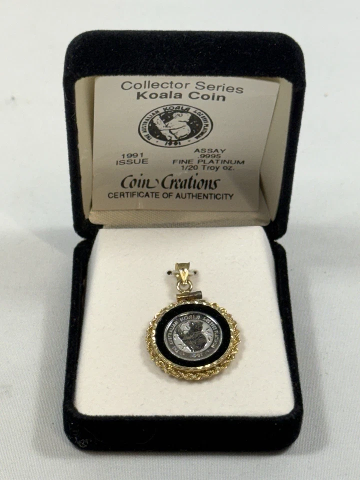 1991 THE AUSTRALIAN KOALA 1/20 oz .9995  Platinum & Onyx Pendant 14kt Gold Bezel - Image 2 of 4