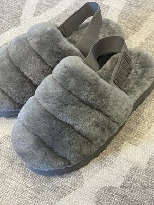 Women's Shoes UGG Brand 1121751 Soft Super Fluff Slippers Logo Strap Grey