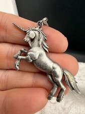 Vintage JJ Unicorn Pendant Necklace Silver Tone Signed 34  