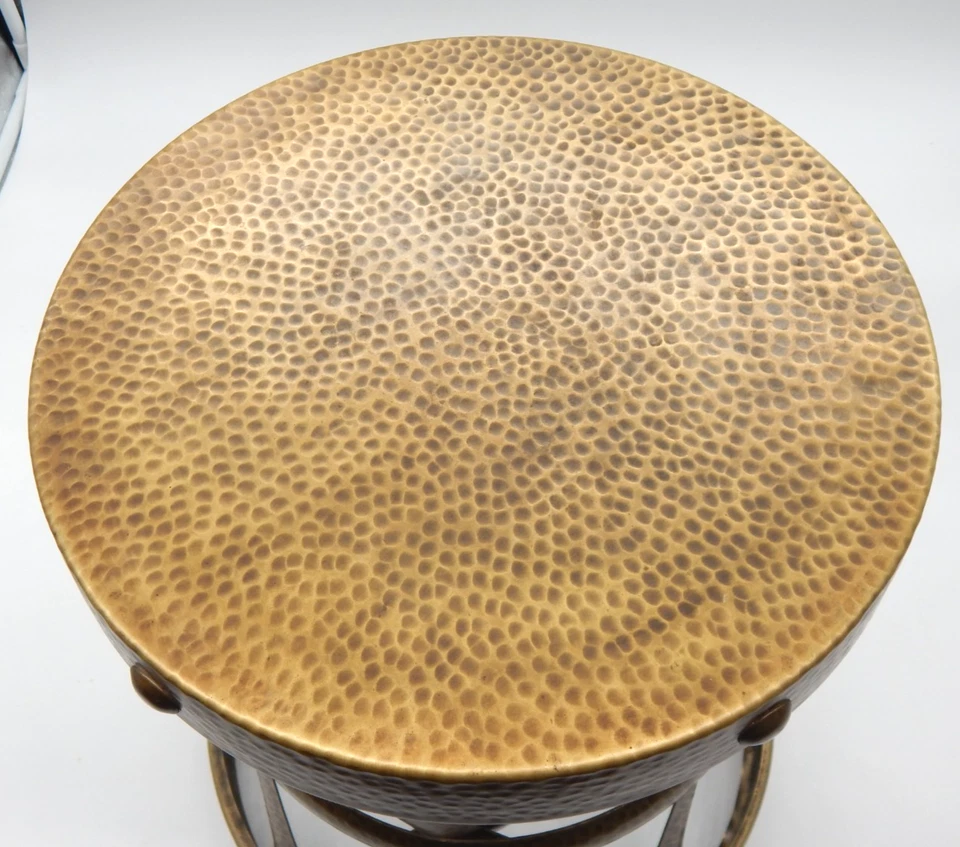 Restoration Hardware NEW Hollywood Regency Hammered Metal Lattice Drum Table - Image 2 of 4